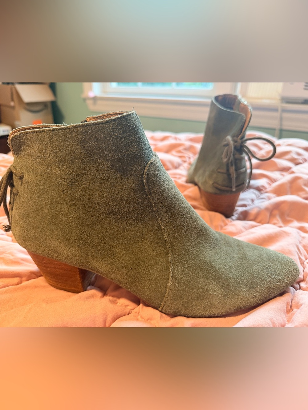 Tahari Olive Suede Ankle Booties with Block Heel